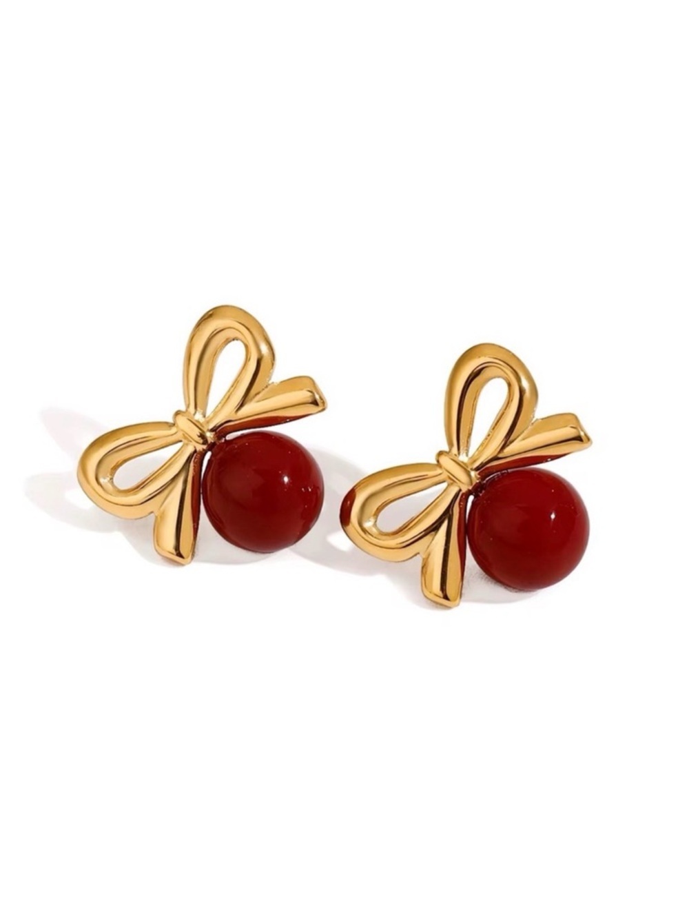 18K Gold Plated Red Bow Stud Earrings